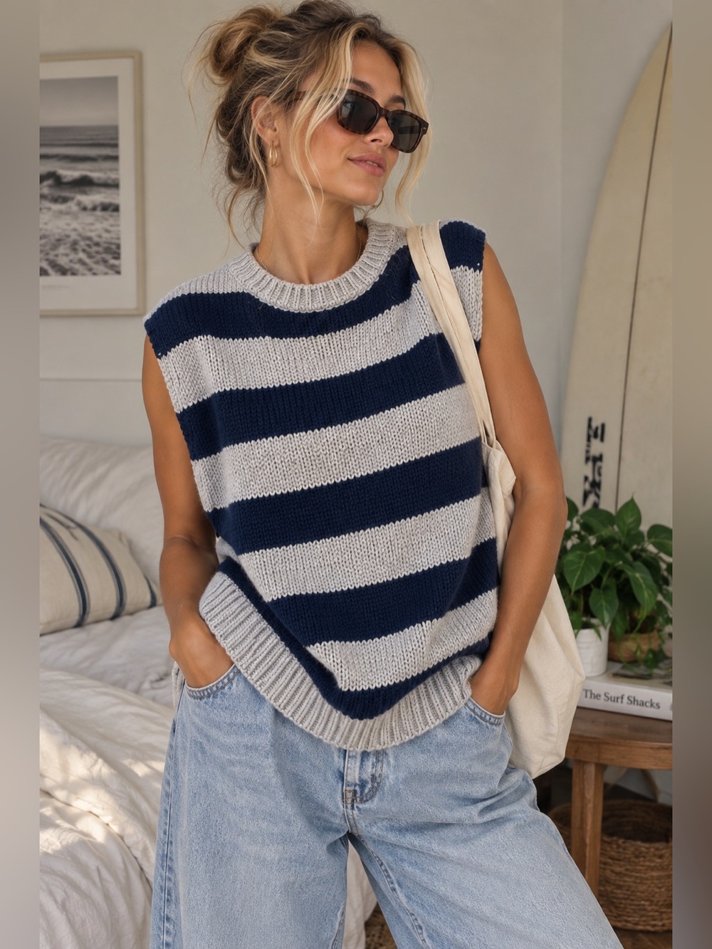 Bellerose Oversized Striped Knit Sweater Vest Size 2 Made in Italy Navy Gray